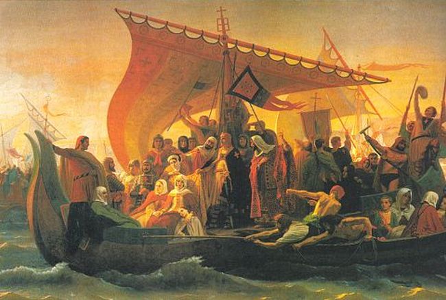 XIX-wieczny obraz przedstawiający krzyżowców przekraczających Bosfor (domena publiczna).