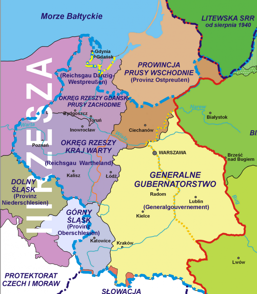 Mapa prezentująca podział polskich ziem okupowanych przez III Rzeszę. Stan sprzed niemieckiej inwazji na ZSRS (Lonio17/CC BY-SA 4.0).