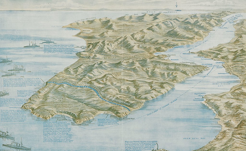 Dardanele i półwysep Gallipoli na brytyjskiej mapie z 1915 roku.