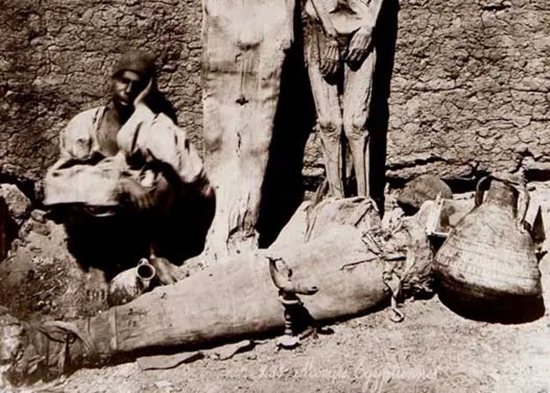 Handlarz mumiami. Fotografia XIX-wieczna.