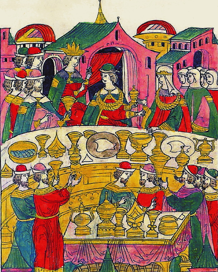 Książę Włodzimierz Rurykowicz podczas swojej uczty weselnej. Ilustracja z XVI-wiecznej kroniki (domena publiczna).