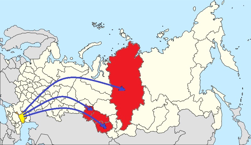 Mapa przedstawiająca miejsca deportacji Kałmuków (CC BY-SA 4.0).