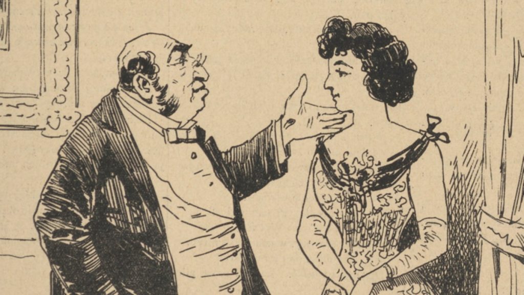 Męsko-damska rozmowa na okładce Kolców z 1898 roku.