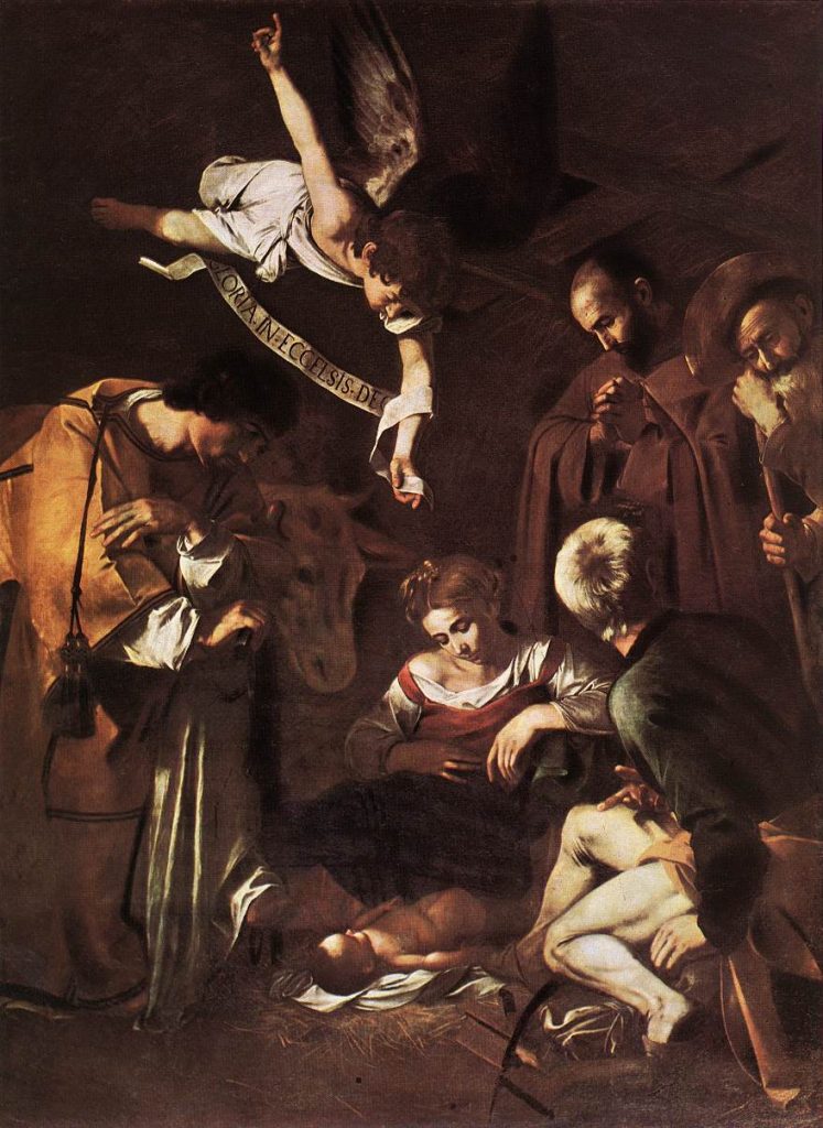 Pokłon pasterzy ze św. Franciszkiem i Wawrzyńcem Caravaggia (domena publiczna).