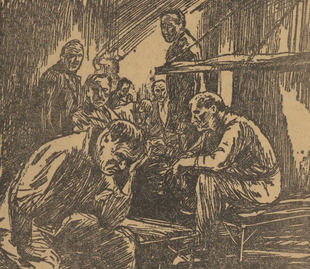 Rysunek z okresu II wojny światowej przedstawiający wnętrze celi sowieckiego więzienia (domena publiczna).