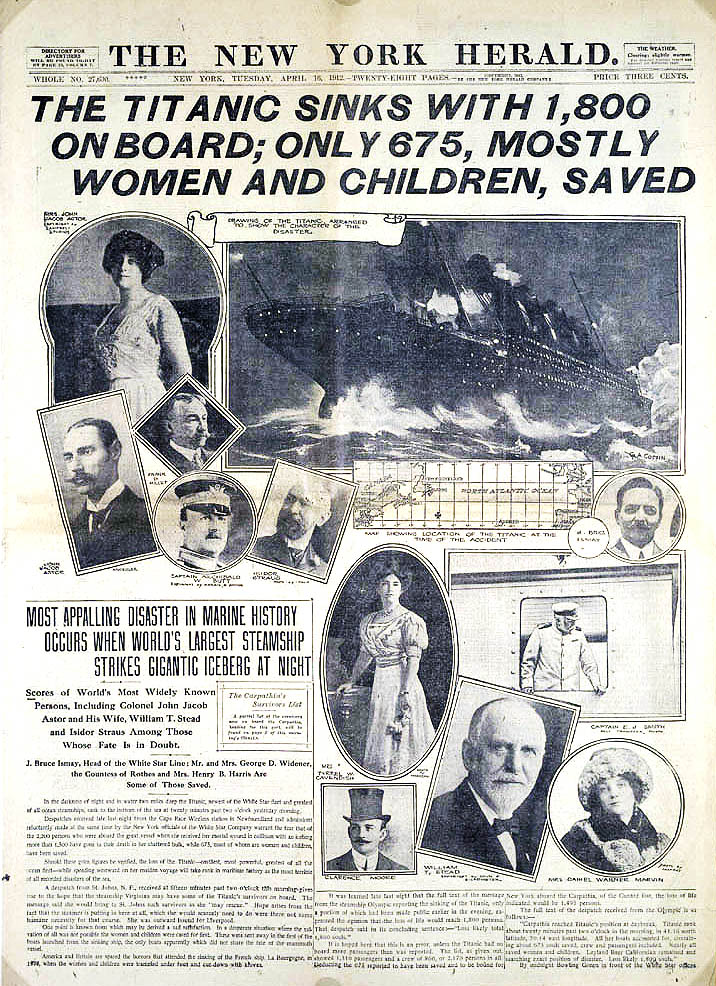 Strona tytułowa dziennika "New York Herald" z 15 kwietnia 1912 roku. Wtedy jeszcze nie zdawano sobie sprawy, że ofiar było znacznie więcej (domena publiczna).