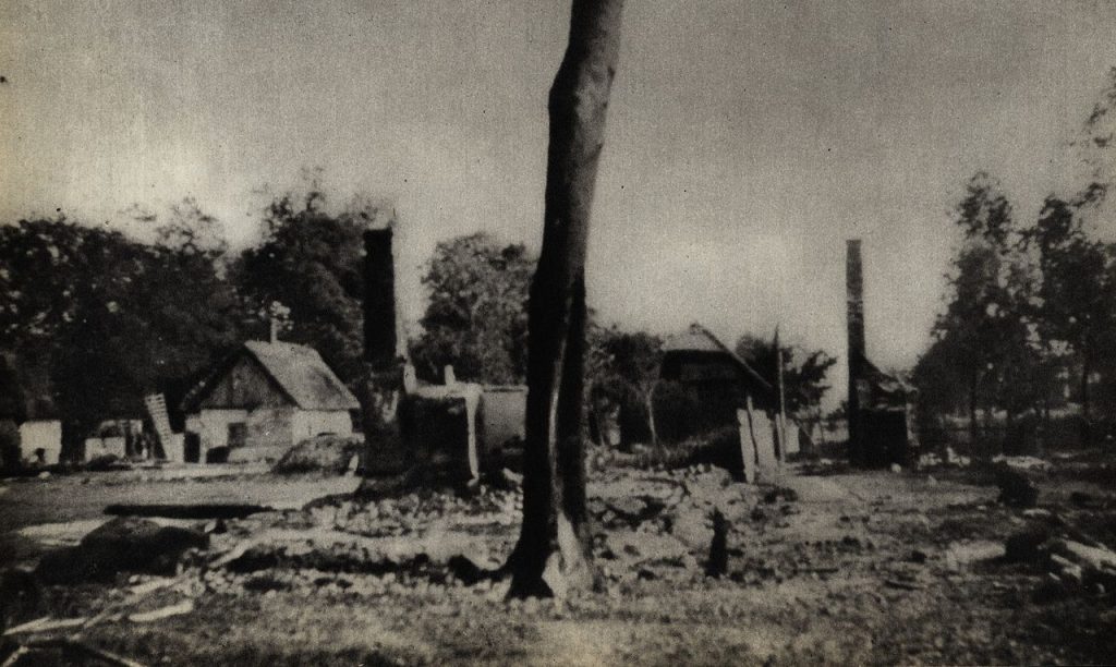 Wieś Barłogi puszczona przez Niemców z dymem w lipcu 1943 roku (domena publiczna).