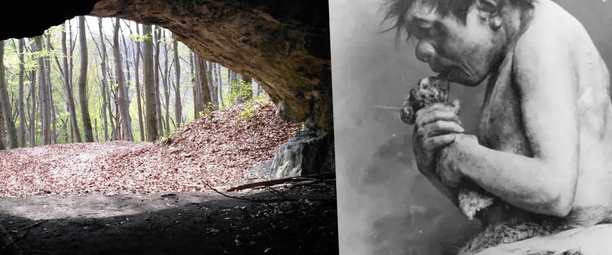 Wylot Jaskini Maszyckiej i (archaiczny) model Neandertalczyka przy jedzeniu