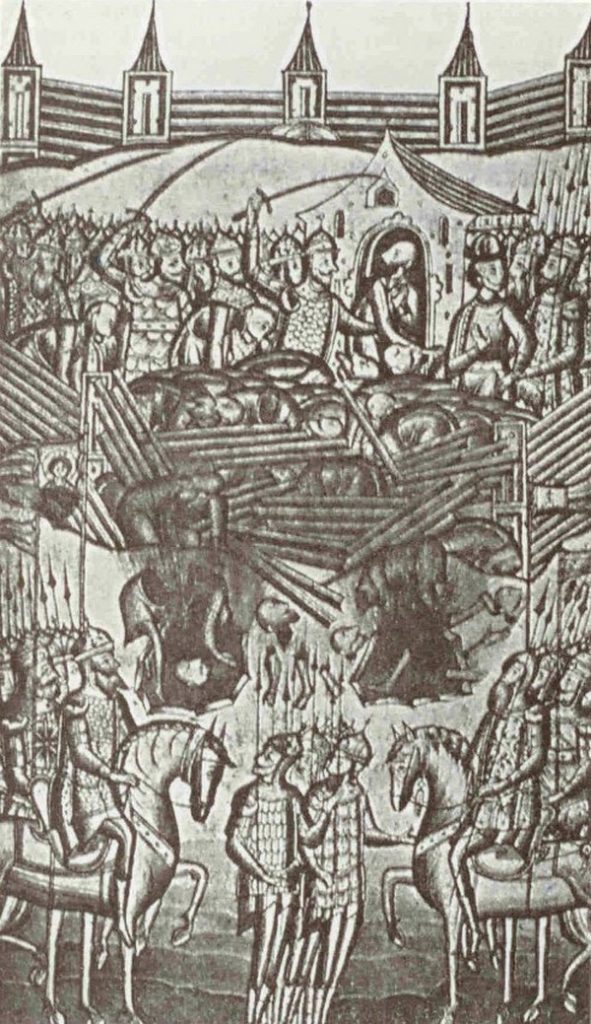 Zdobycie Kijowa przez Mongołów na ilustracji ze średniowiecznej ruskiej kroniki (domena publiczna).