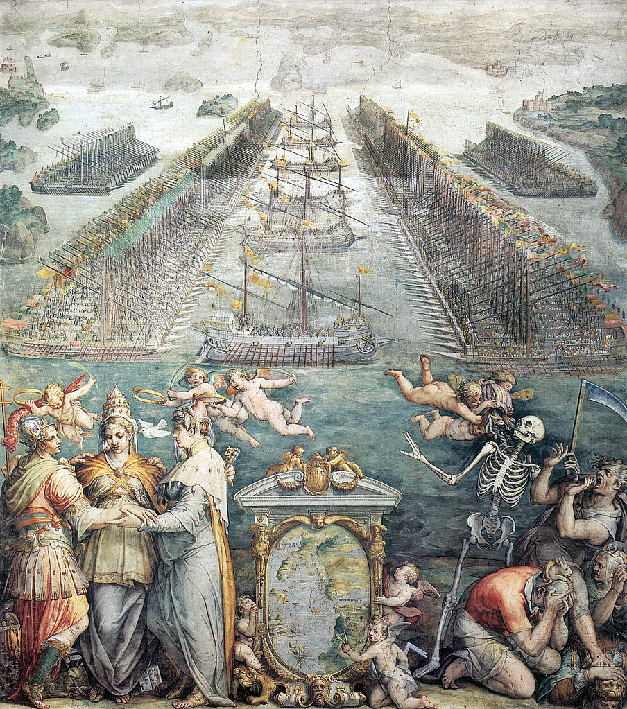 Alegoryczny obraz Giorgia Vasariego przedstawiający ustawienie obu flot pod Lepanto (domena publiczna).