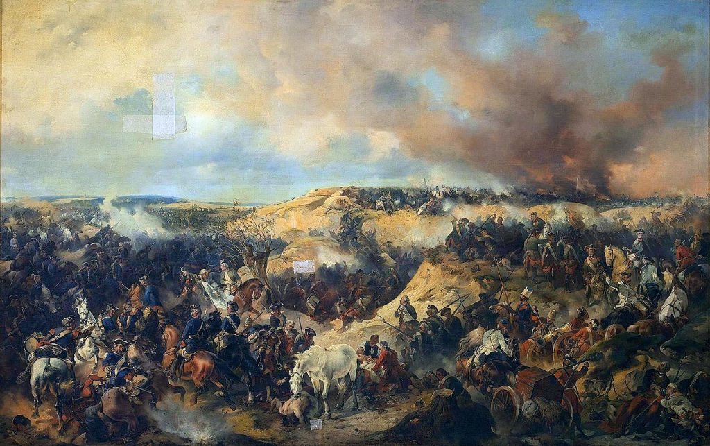 Bitwa pod Kunowicami. Obraz Aleksandra Kotzebue (domena publiczna).