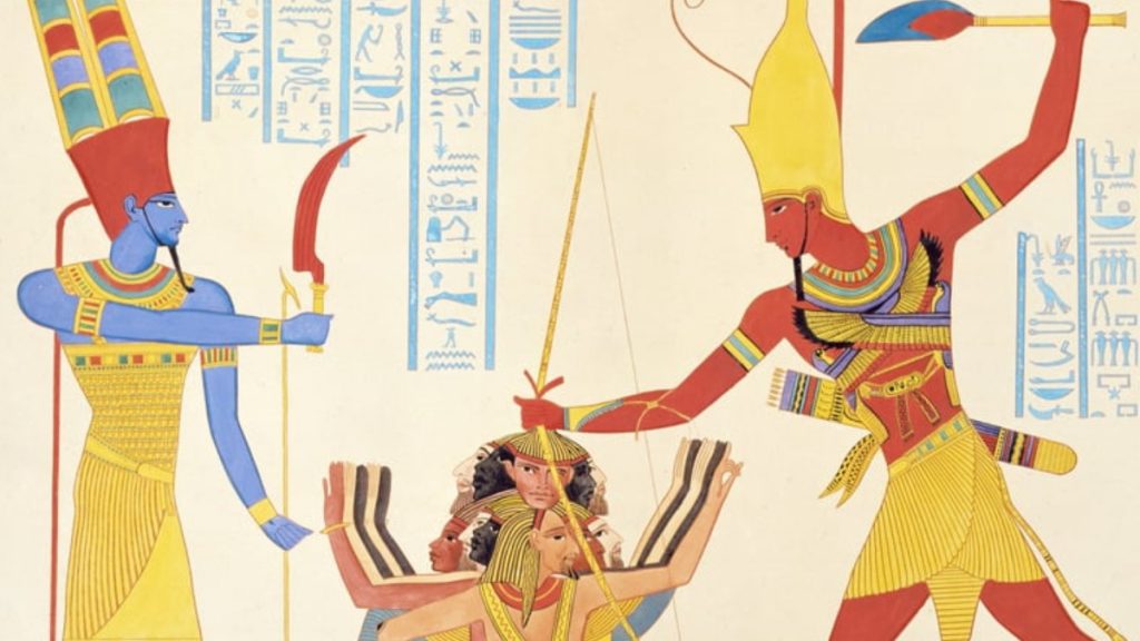 Bóg Amon podaje broń faraonowi Ramzesowi II. Ten okłada bezlitośnie pojmanych jeńców