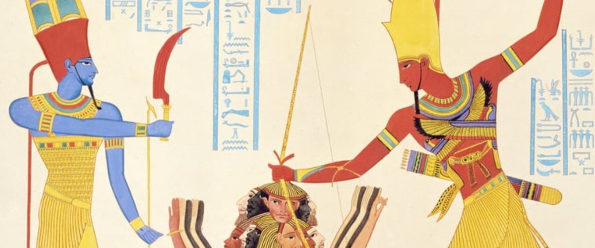 Bóg Amon podaje broń faraonowi Ramzesowi II. Ten okłada bezlitośnie pojmanych jeńców