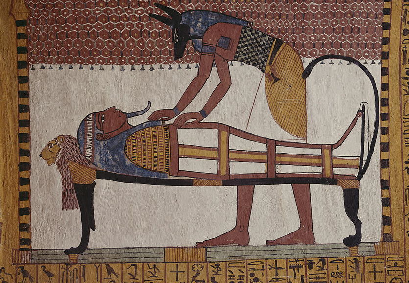 Bóg śmierci Anubis przygotowujący mumię. Kopia oryginalnego malowidła ściennego