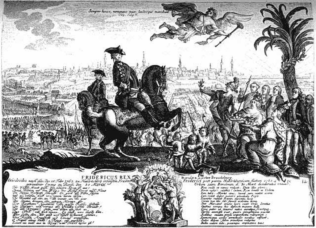 Fryderyk II wieżdżąjący do Berlina po podpisaniu pokoju z Austrią (Johann Lorenz Rugendas/domena publiczna)..