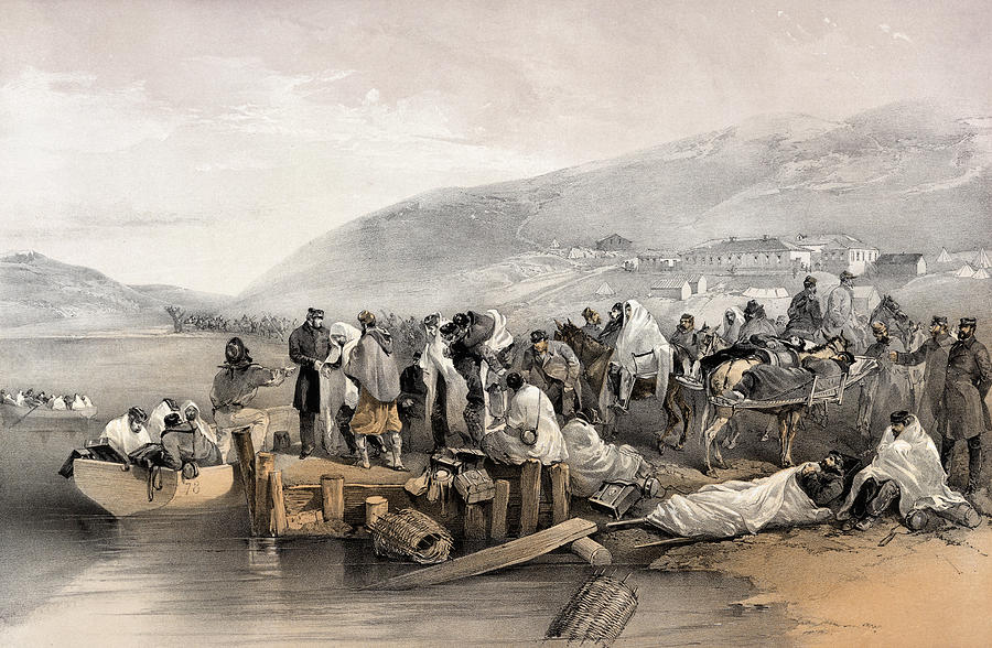 Rysunek Williama Simpsona przedstawiający załadunek rannych żołnierzy po jednej z bitew wojny krymskiej (domena publiczna).