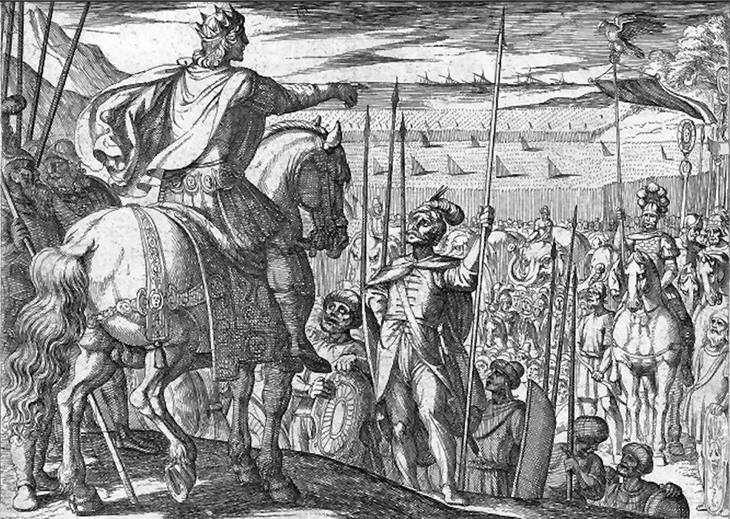 XVII-wieczny miedzioryt przedstawiający powrót wojska Aleksandra z Indii (Antonio Tempesta/domena publiczan).