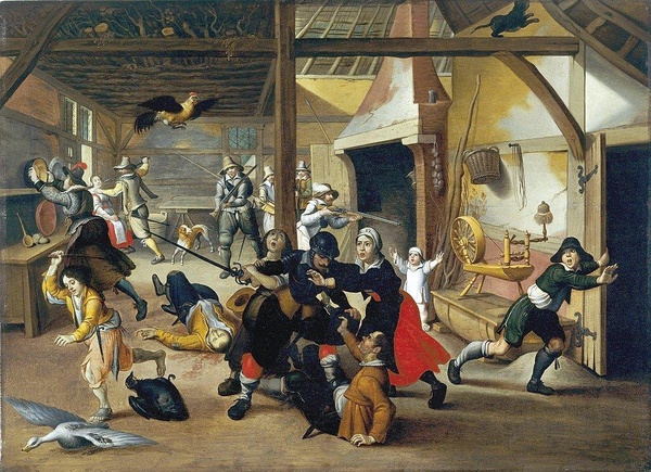 Żołnierze podczas plądrowania. Obraz Sebastiaen Vrancxa z 1620 roku ilustrujący okrucieństwa trwającej wojny trzydziestoletniej (domena publiczna).
