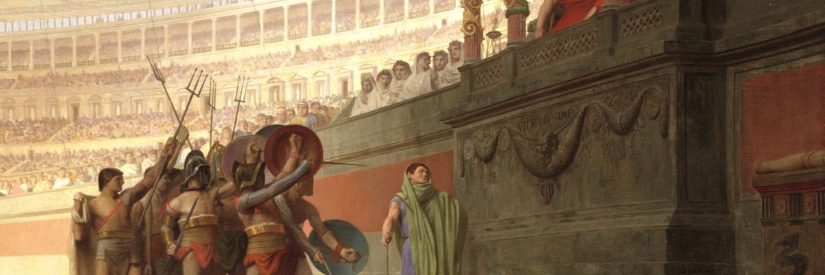 Gladiatorzy salutujący przed cesarzem podczas igrzysk w Koloseum