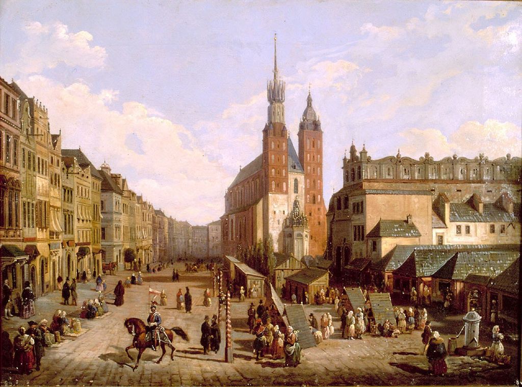 Krakowski Rynek na obrazie Marcina Zaleskiego z lat 30. XIX wieku (domena publiczna).