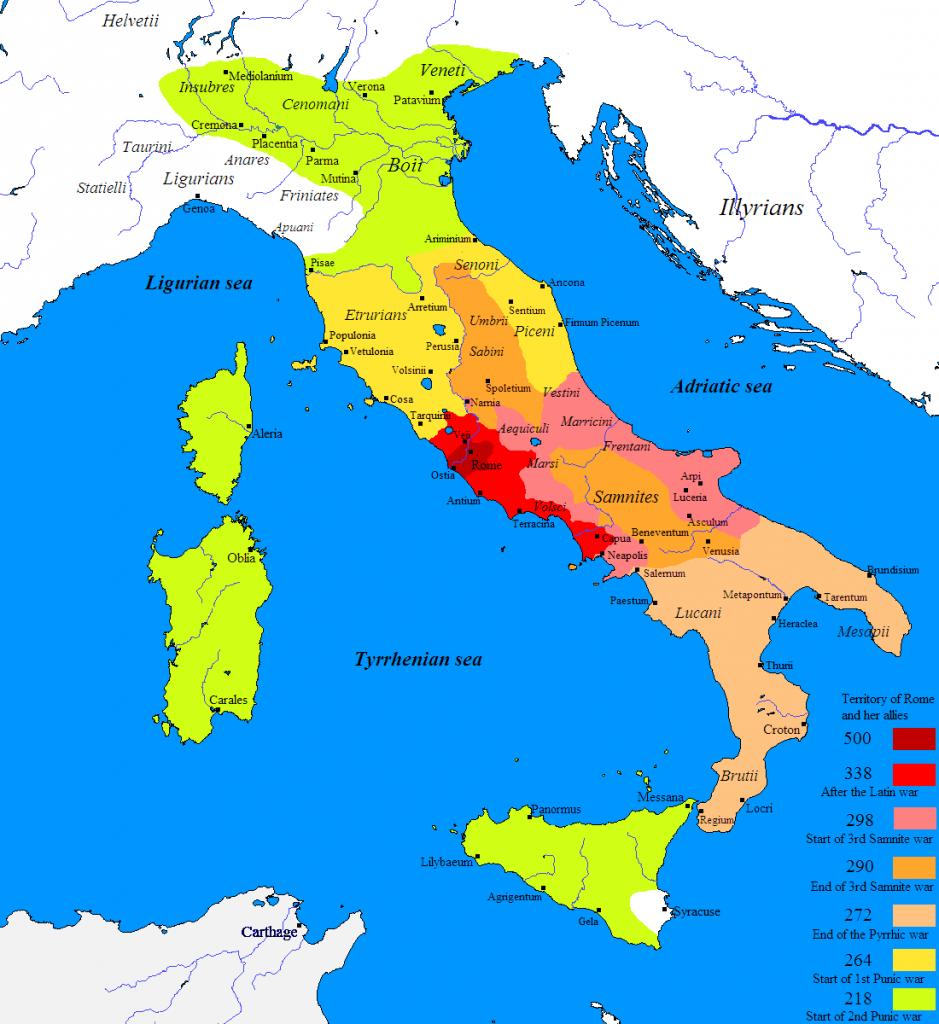 Mapa przedstawiająca kolejne etapy rzymskiego podboju Półwyspu Apenińskiego (Javierfv1212/domena publiczna).