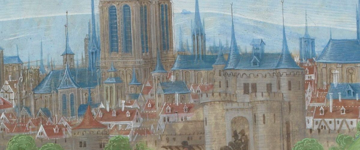 Notre Dame w panoramie Paryża. Miniatura XV-wieczna