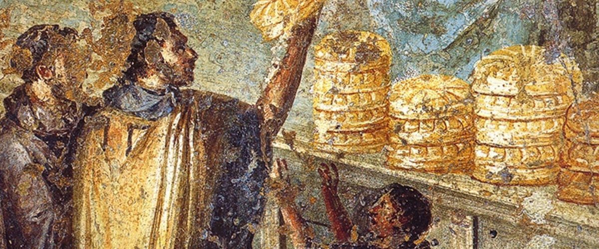 Oryginalne malowidło ścienne z Pompejów przedstawiające sprzedaż chleba