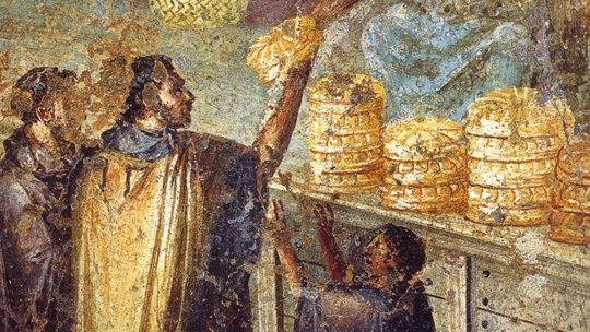 Oryginalne malowidło ścienne z Pompejów przedstawiające sprzedaż chleba