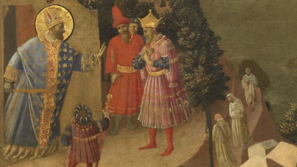 Otton III z towarzyszami przed pustelnią świętego Romualda. Obraz XV-wieczny.
