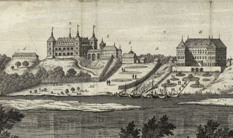 Pałac ogrodowy (drugi budynek z lewej) na fragmencie panoramy Warszawy z 1656 roku
