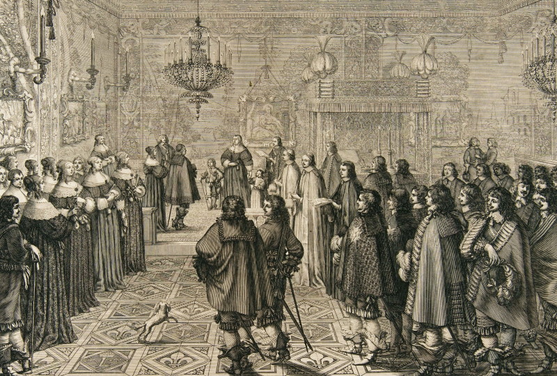 Podpisanie kontraktu ślubnego Ludwik Marii Gonzagi. Rycina Abrahama Bosse z 1645 roku.