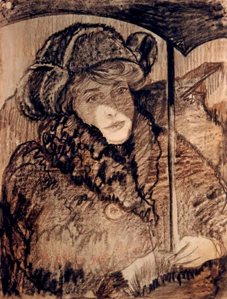 Rysunek Witkacego przedstawiający Jadwigę Janczewską pod parasolem (domena publiczna).