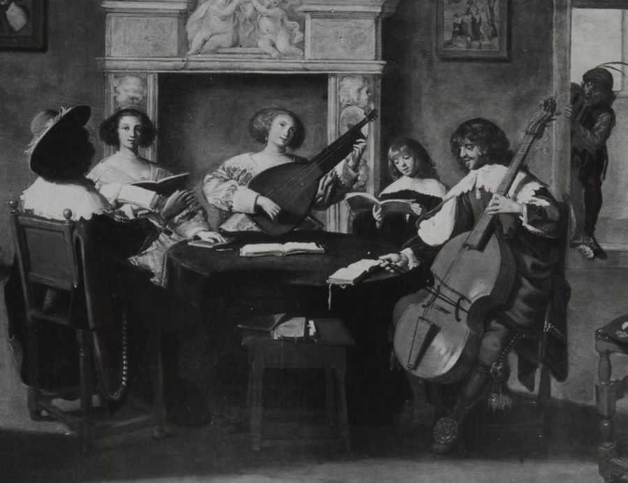 Francuski salon arystokratyczny XVII stulecia z muzykującymi damami. 