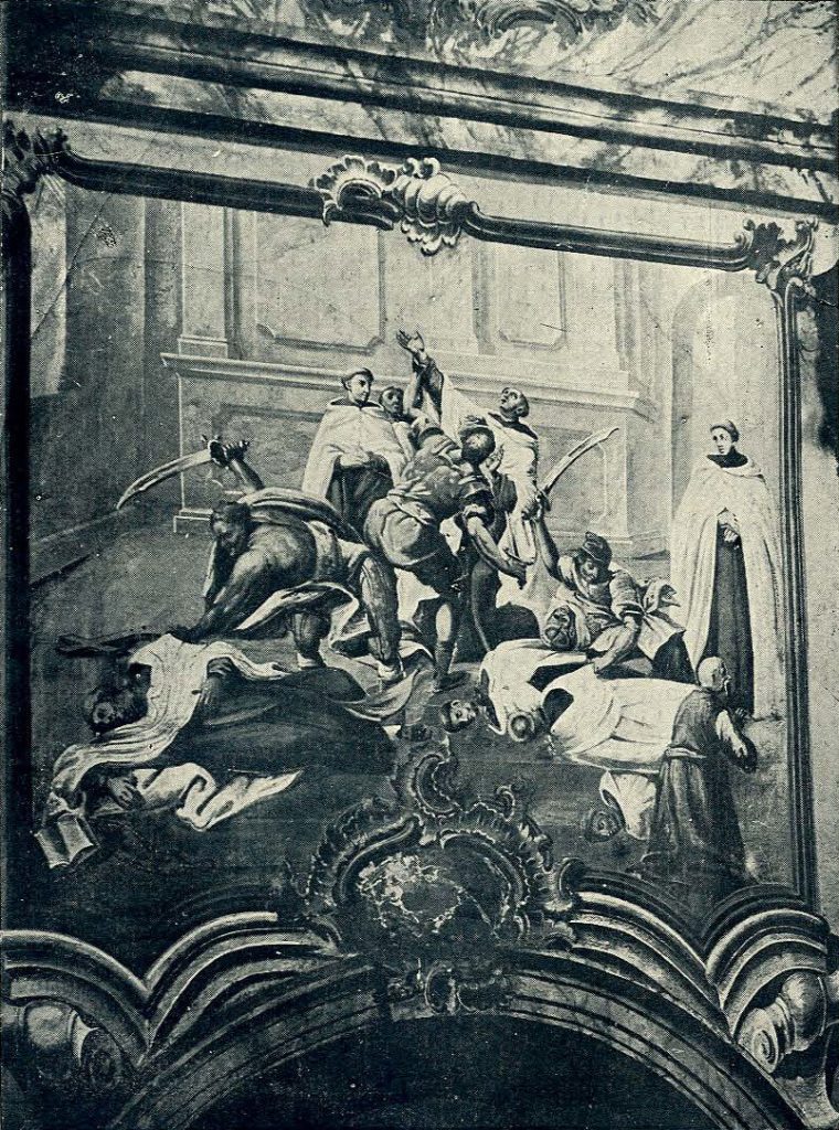 Fresk przedstawiający rzeź Karmelitów przez Moskali w Mścisławiu (domena publiczna).