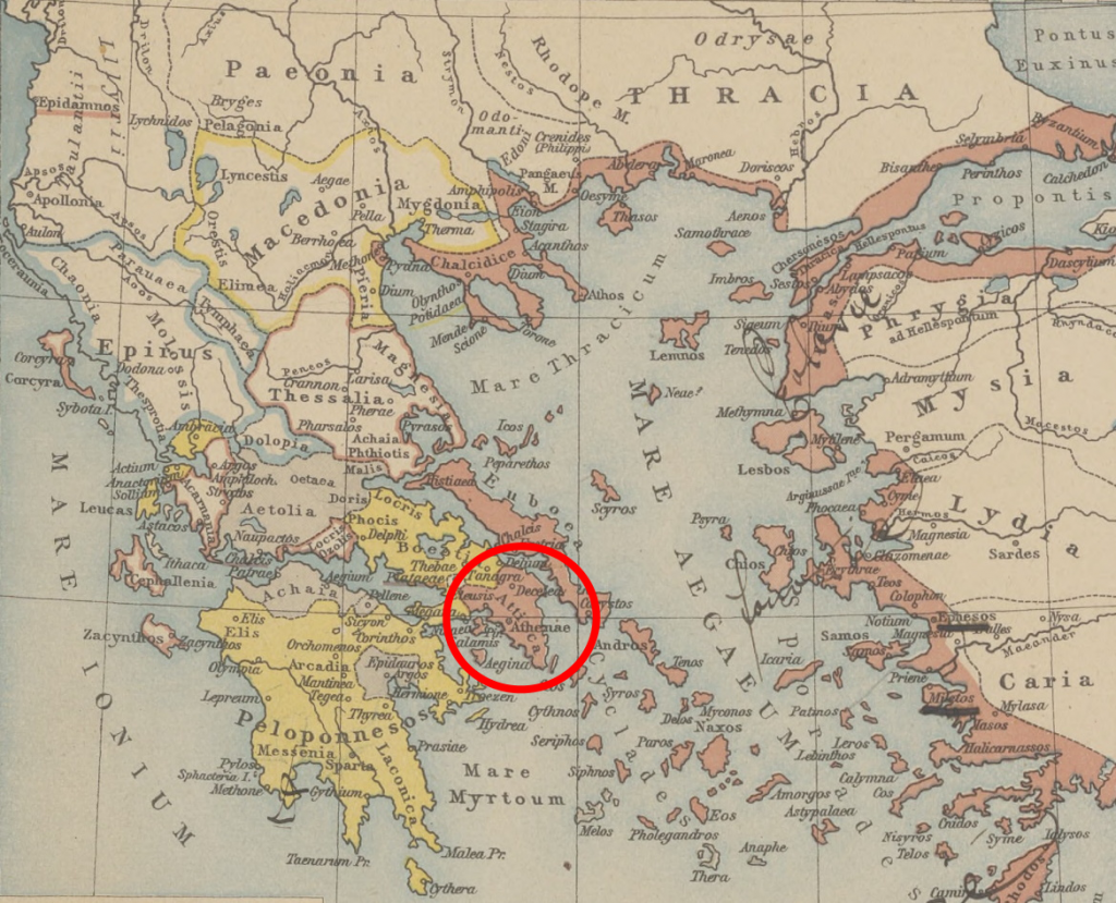 Mapa Grecji pod koniec V wieku p.n.e. Attyka zaznaczona czerwonym kółkiem (P.W. Putzeger/domena publiczna).