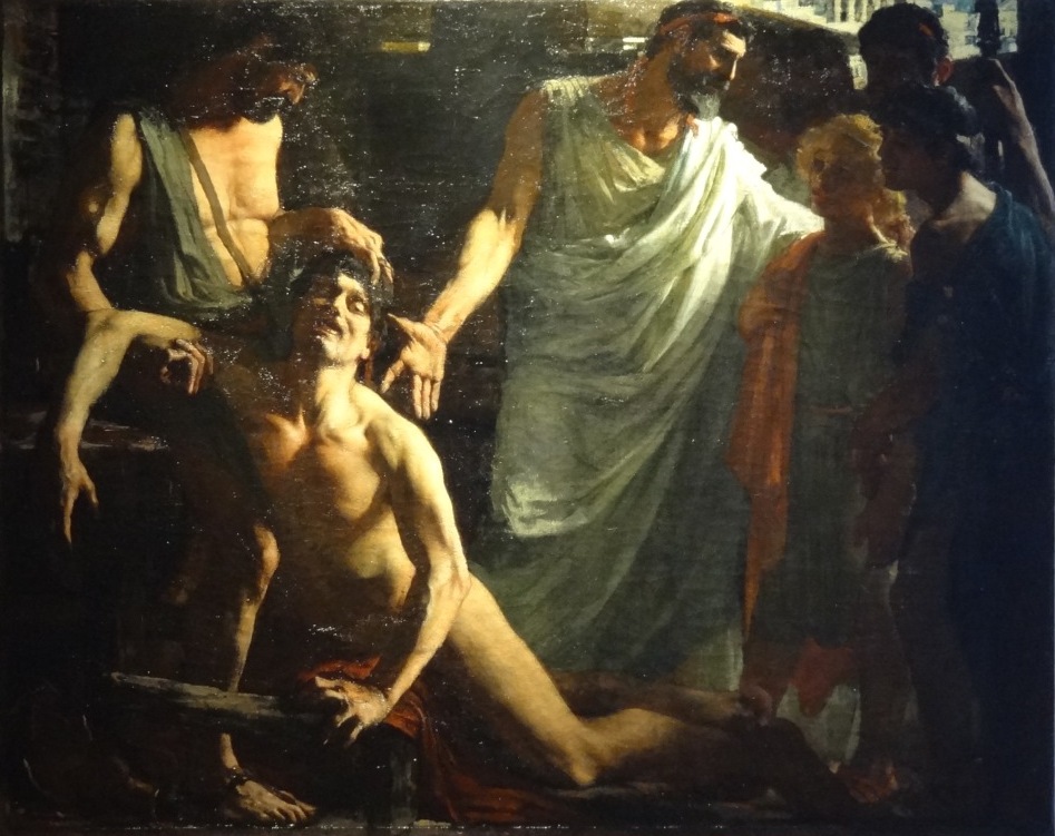 Obraz Ernesta Azémy przedstawiający Spartię pokazującego synom pijanego helotę (domena publiczna).