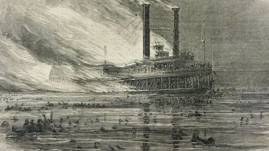 Pożar Sultany. Rysunek prasowy z maja 1865 roku.