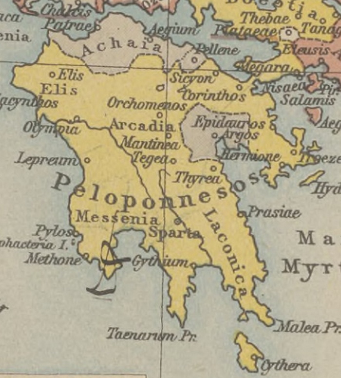 Terytorium Sparty w drugiej połowie V wieku p.n.e. (domena publiczna).