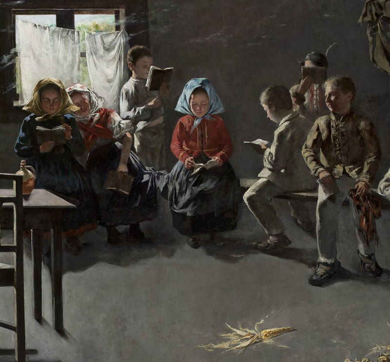 Wiejskie dzieci podczas nauki. Obraz XIX-wieczny.