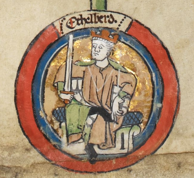 Wyobrażenie króla Ethelberta pochodzące z XIV wieku (domena publiczna).