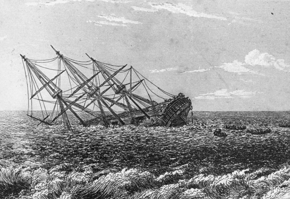 Zatonięcie HMS Pandora. Rysunek z początku XIX wieku