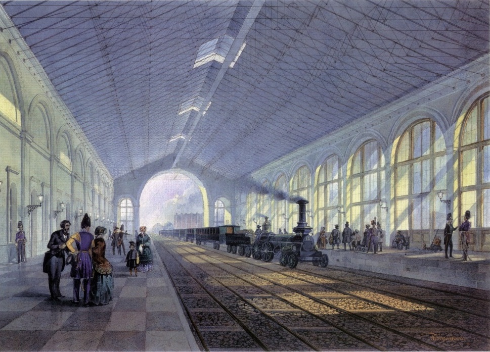 Dworzec kolejowy w Petersburgu na rysunku Augusta Wilhelma Wasilewicza z 1851 roku (domena publiczna).