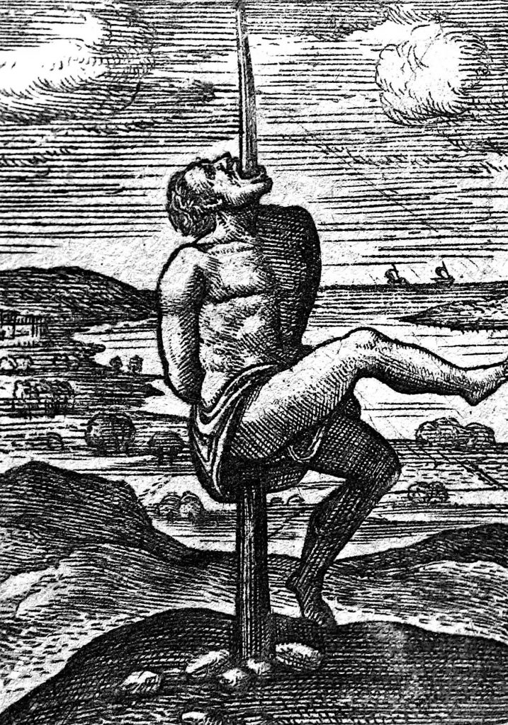 Skazaniec wbity na pal, ilustracja z XVI-wiecznego dzieła Justusa Lipsiusa