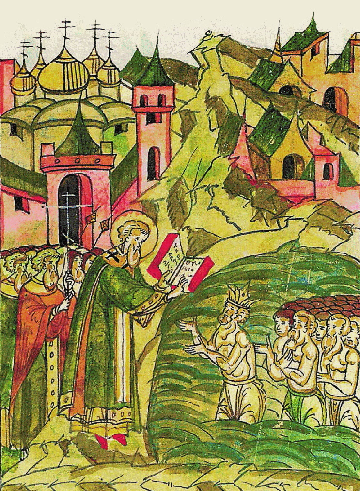 Focjusz twierdził, że Rusowie przewyższają „wszystkie inne narody okrucieństwem i krwiożerczością”. Na ilustracji XVI-wieczne wyobrażenie patriarchy chrzczącego króla Bułgarów (domena publiczna).