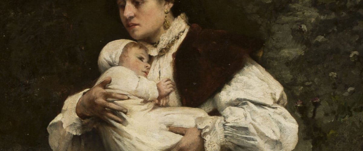 Kobieta z dzieckiem na rękach. Obraz z końca XIX wieku.