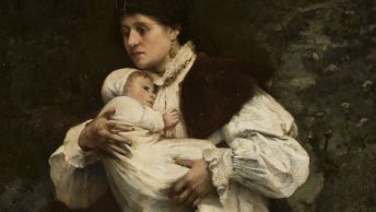 Kobieta z dzieckiem na rękach. Obraz z końca XIX wieku.