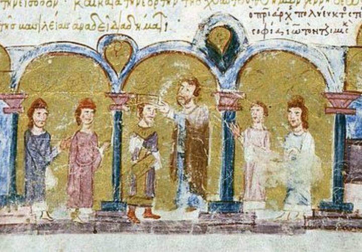 Koronacja cesarza Jana Tzimiskesa. Miniatura z przełomu XI i XII wieku (domena publiczna).