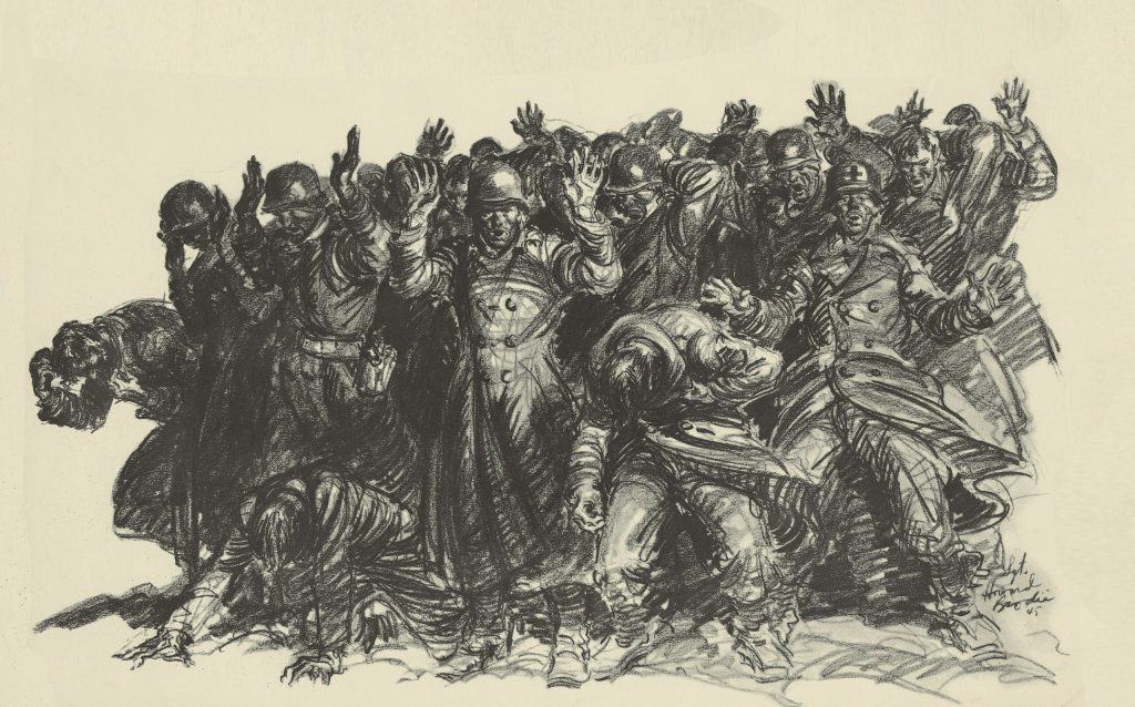 Masakra w Malmedy na rysunku Howarda Brodiego (domena publiczna).