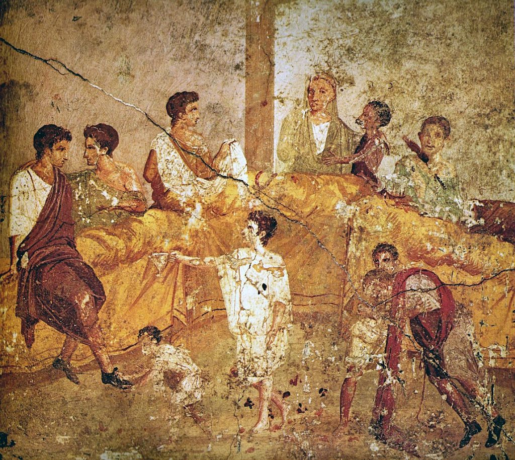 Rodzinna uczta na fresku z Pompejów (domena publiczna).