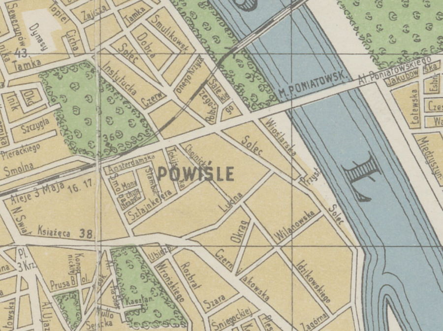 Ulica Solec i most Poniatowskiego na mapie Warszawy z 1939 roku.